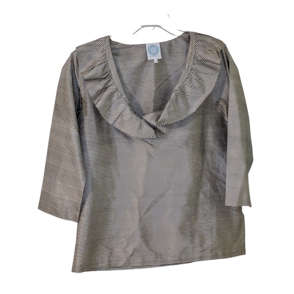 Devon Baer Women's Silk Striped Ruffle Neck 3/4 Sleeve Blouse Size M NWOT $128 - Picture 1 of 7